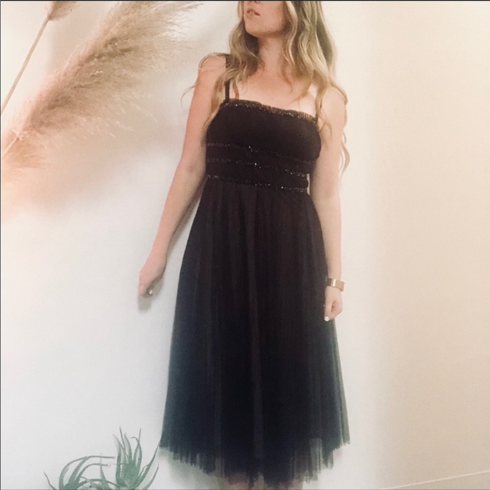 New Bcbg Max Azria Black Pleated Beaded Tank Top Cocktail Midi Dress M
